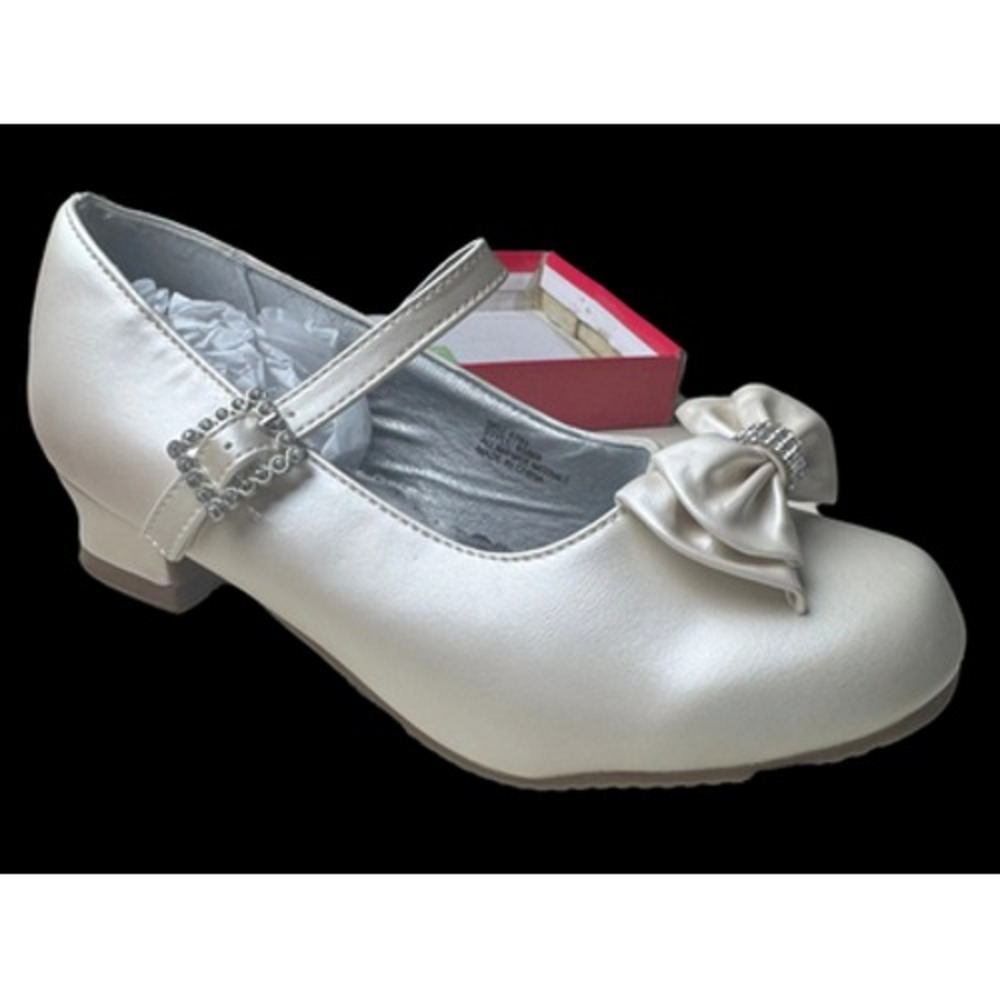 JOSMO Girls Mary Jane Dress Shoes Size 3 Ivory Rhinestone Bow Block Heel Strap